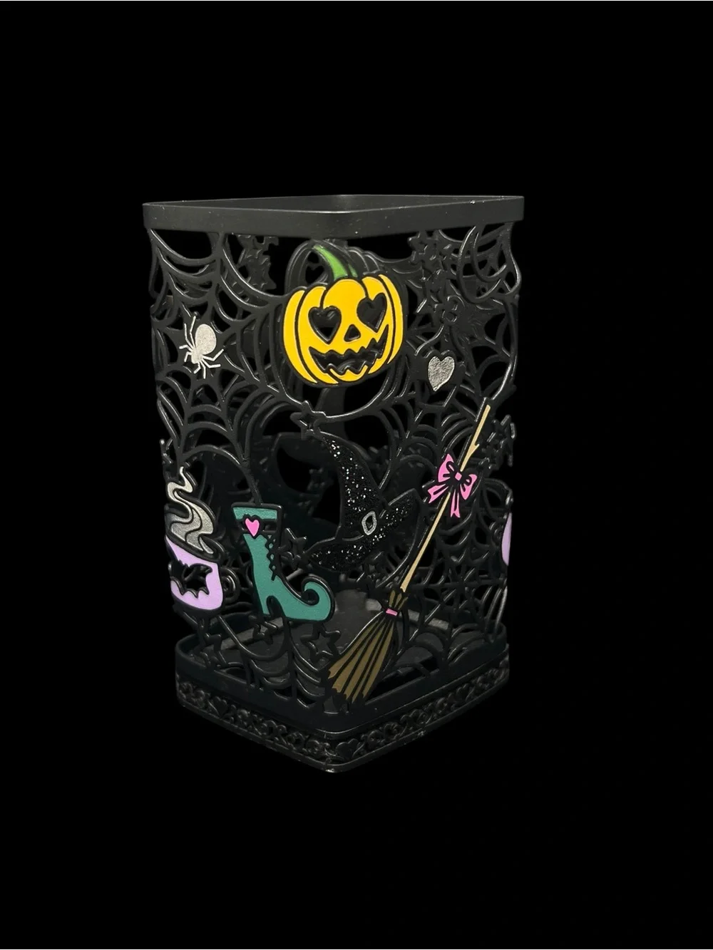 Halloween Witch Decorative Candle Holder - Black with Orange, Purple & Green
